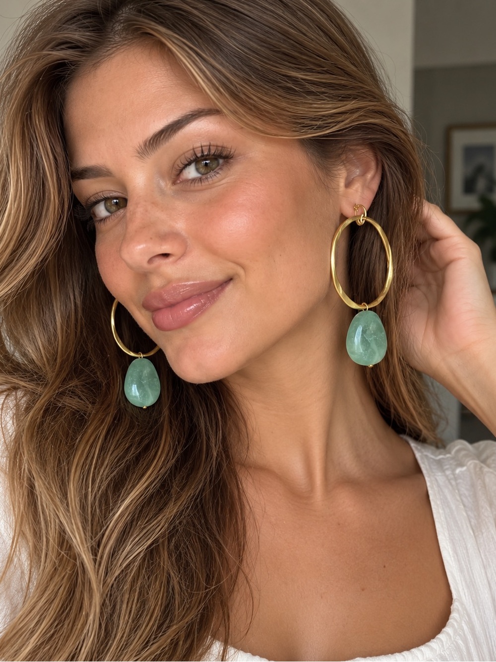 Zara Gold-Tone Hoop Earrings with Mint Green Teardrop Beads